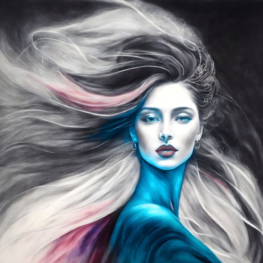 Portrait of a Woman with Flowing Hair in Blue Hues