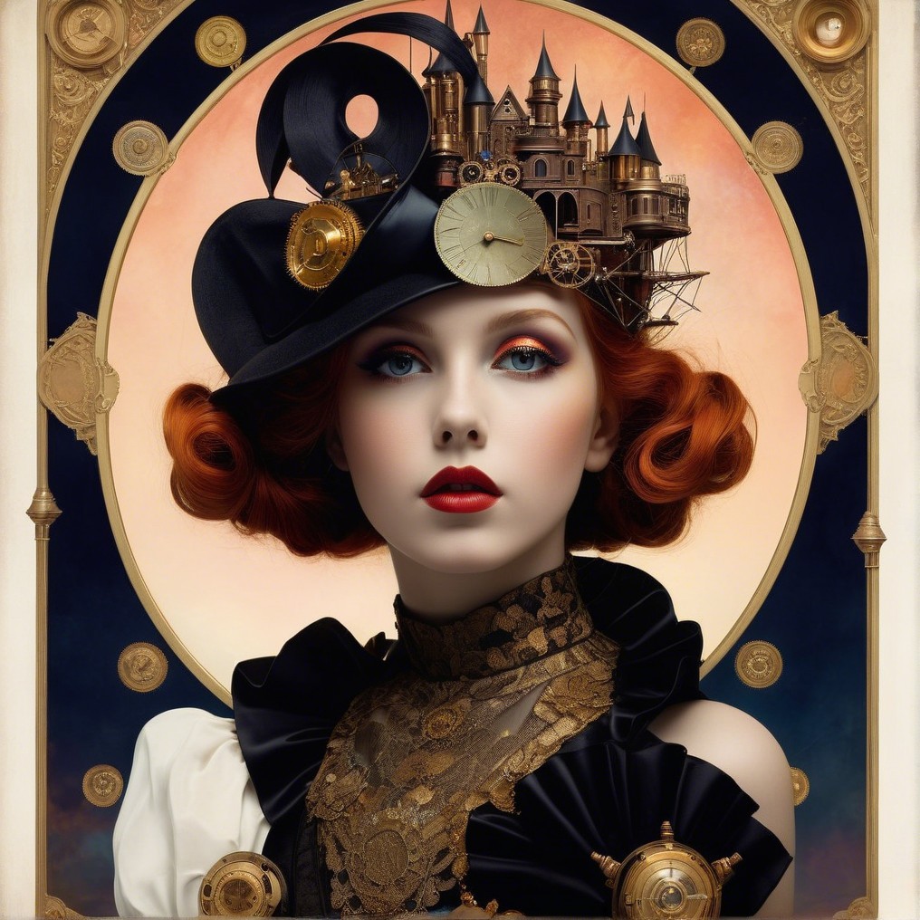 Vibrant Red-Haired Woman in Steampunk Fashion