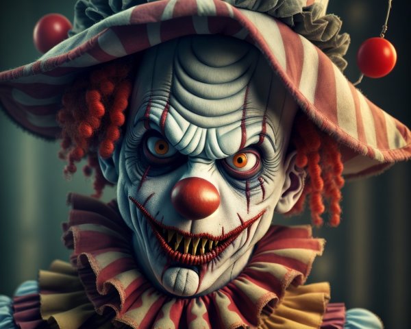 Sinister clown with exaggerated features and vibrant colors