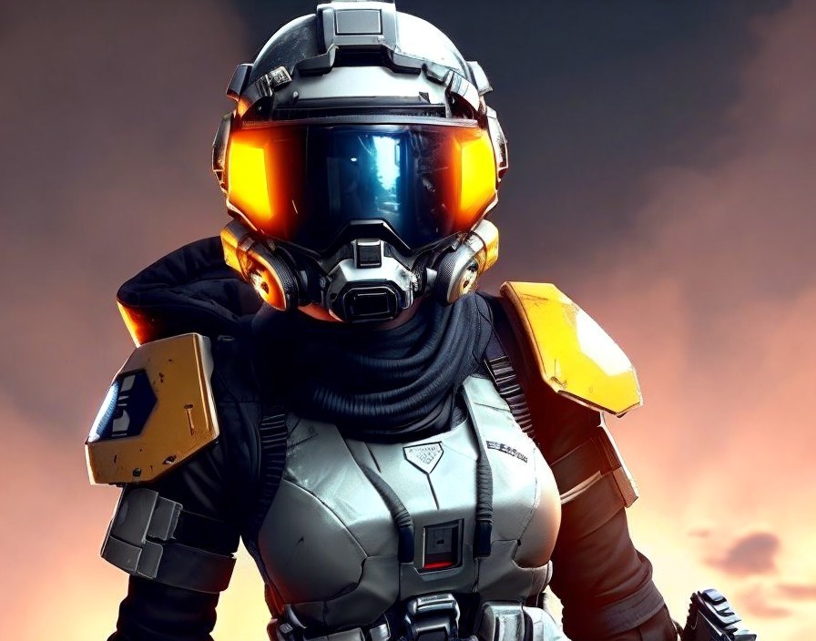 Futuristic character in high-tech armor with visor