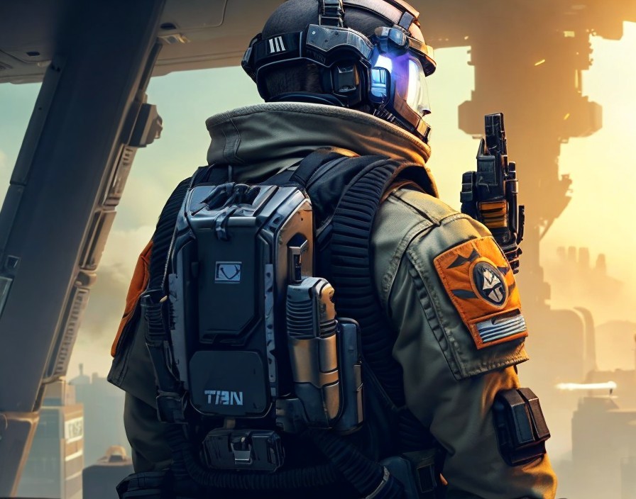 Futuristic soldier in tactical gear against cityscape