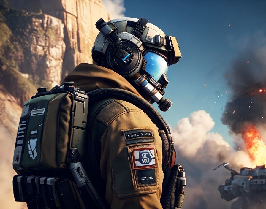 Futuristic astronaut in dramatic landscape with explosion