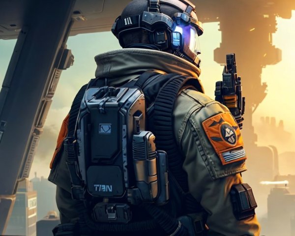 Futuristic soldier in tactical gear against cityscape