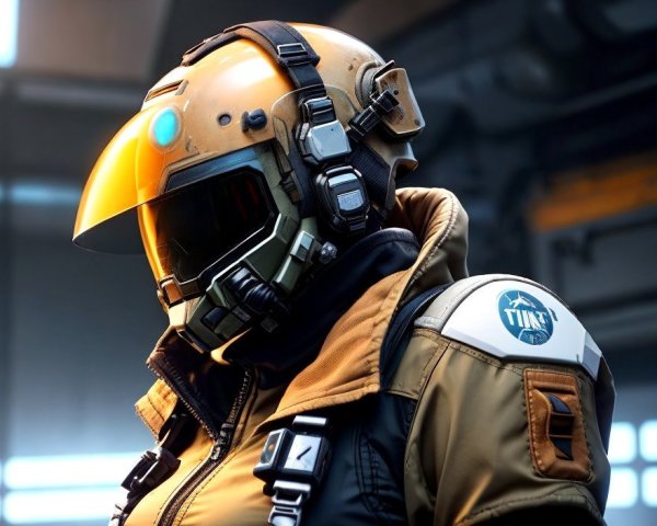Futuristic character in high-tech helmet and jacket