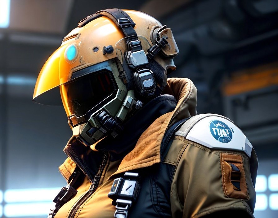 Futuristic character in high-tech helmet and jacket