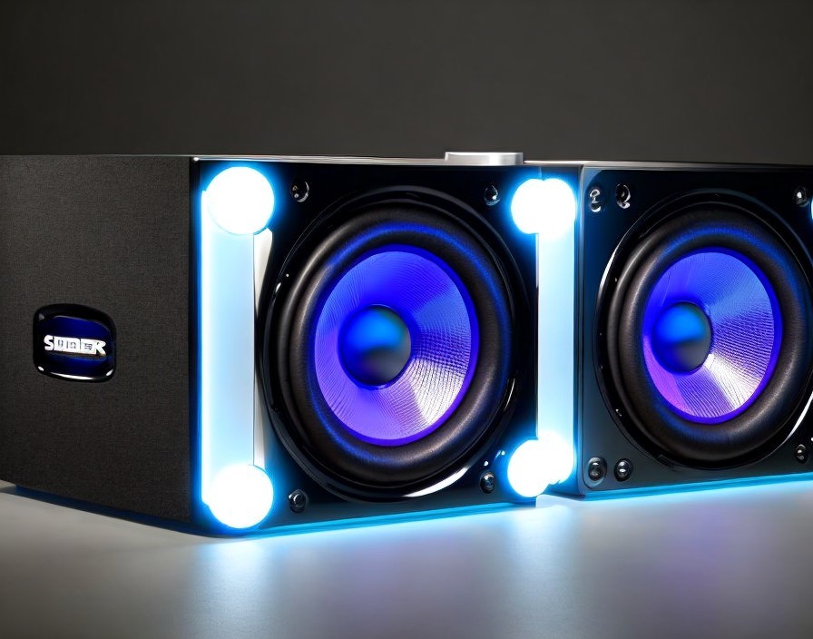 Modern Black Audio Speakers with Blue LED Lighting