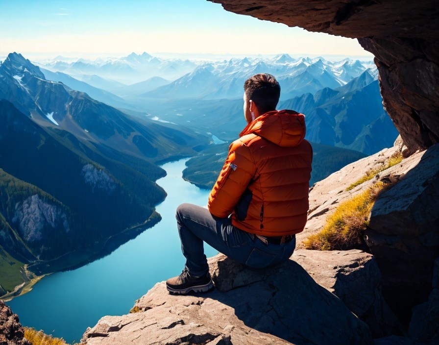 Person in orange jacket on rocky ledge with mountains view