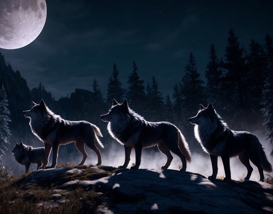 Wolves on Rocky Outcrop Under Full Moonlight
