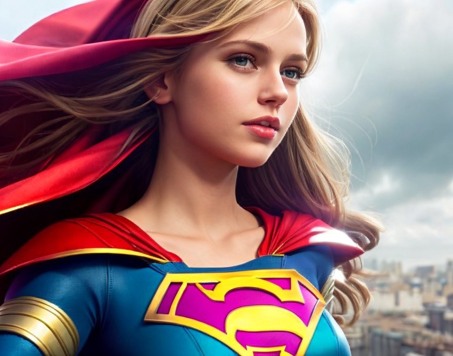 Heroic Figure in Vibrant Superhero Costume Against Skyline