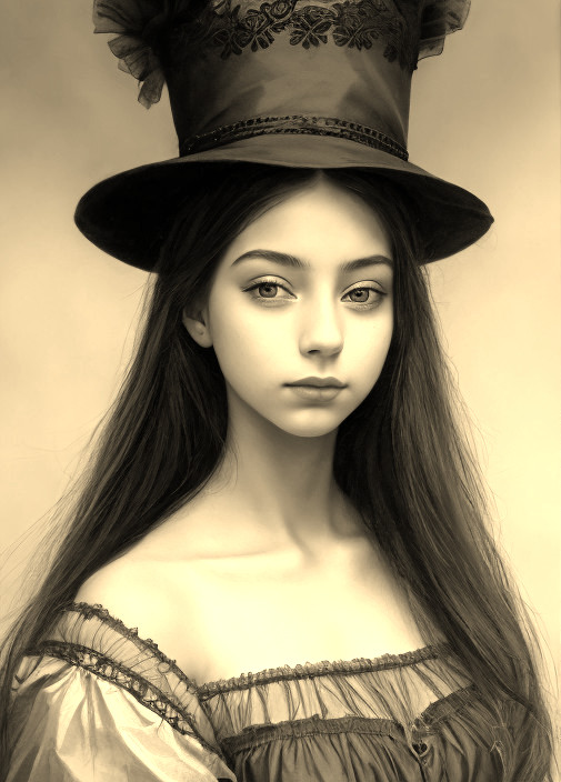 Young woman in vintage gown with wide-brimmed hat