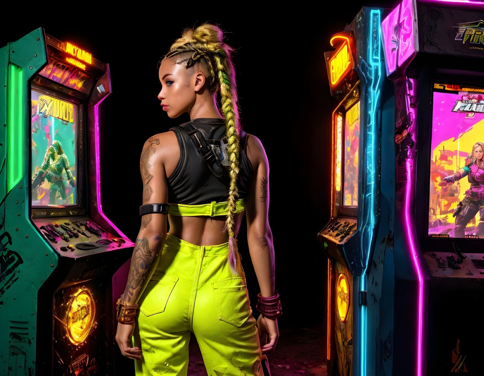 Stylish Individual in Neon Arcade with Vibrant Machines