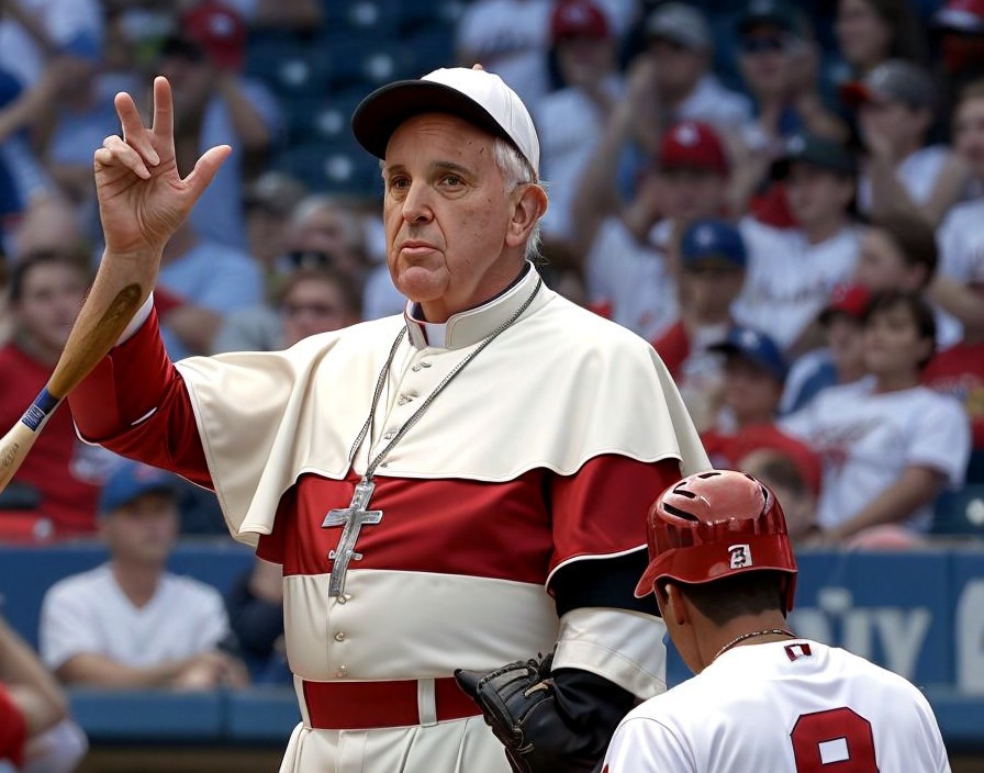 Baseball Player in Papal-Inspired Uniform at Home Plate