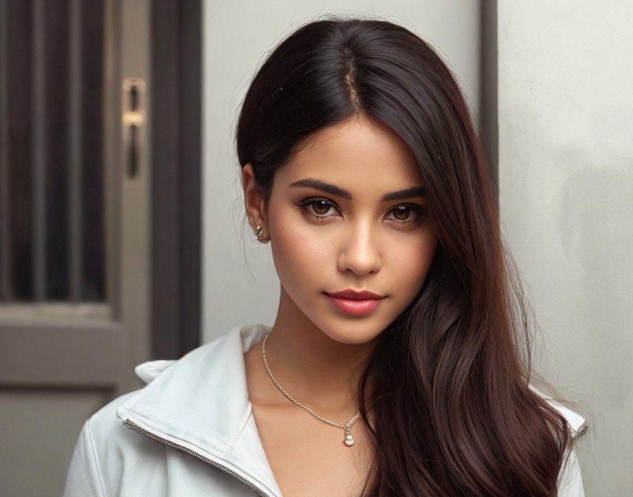 Young woman with dark hair and elegant attire