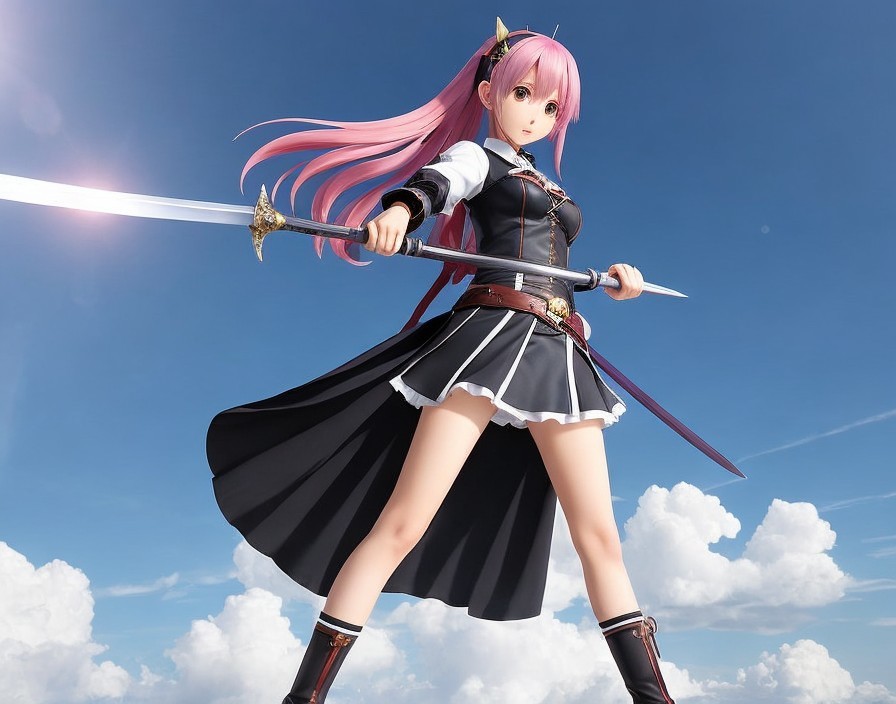 Fierce Female Warrior with Sword and Flowing Cape
