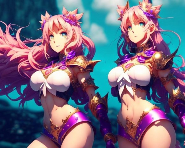 Fantasy Characters with Pink Hair and Ornate Armor