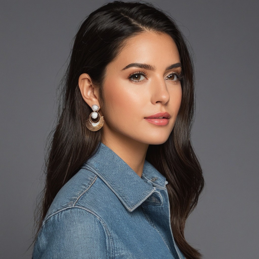 Elegant Woman in Denim Jacket and Oversized Earrings