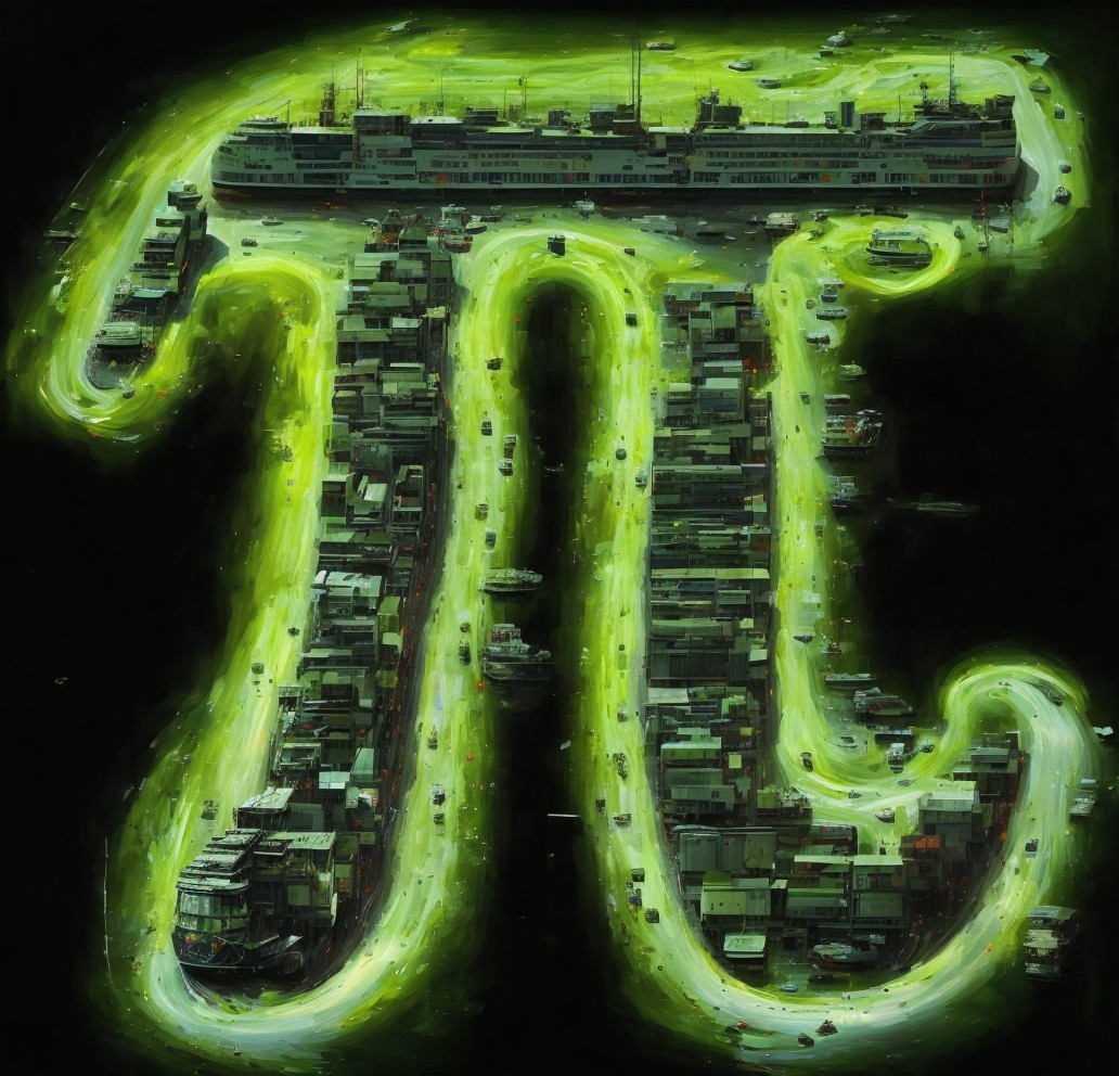 Abstract π Symbol in Urban Scene with Green Glow