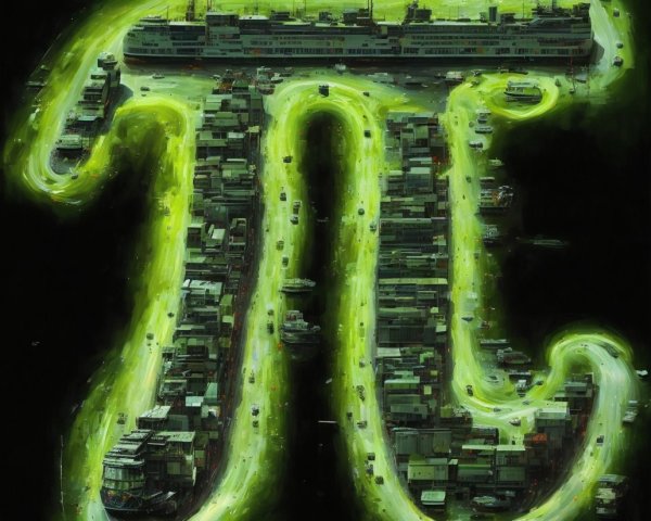 Abstract π Symbol in Urban Scene with Green Glow