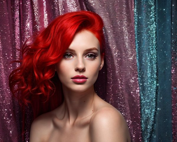 Portrait of a Young Woman with Red Hair and Glamorous Backdrop