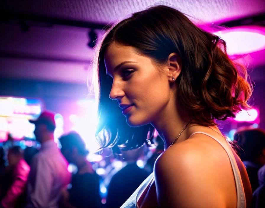 Profile of a Confident Woman in a Lively Nightlife Scene