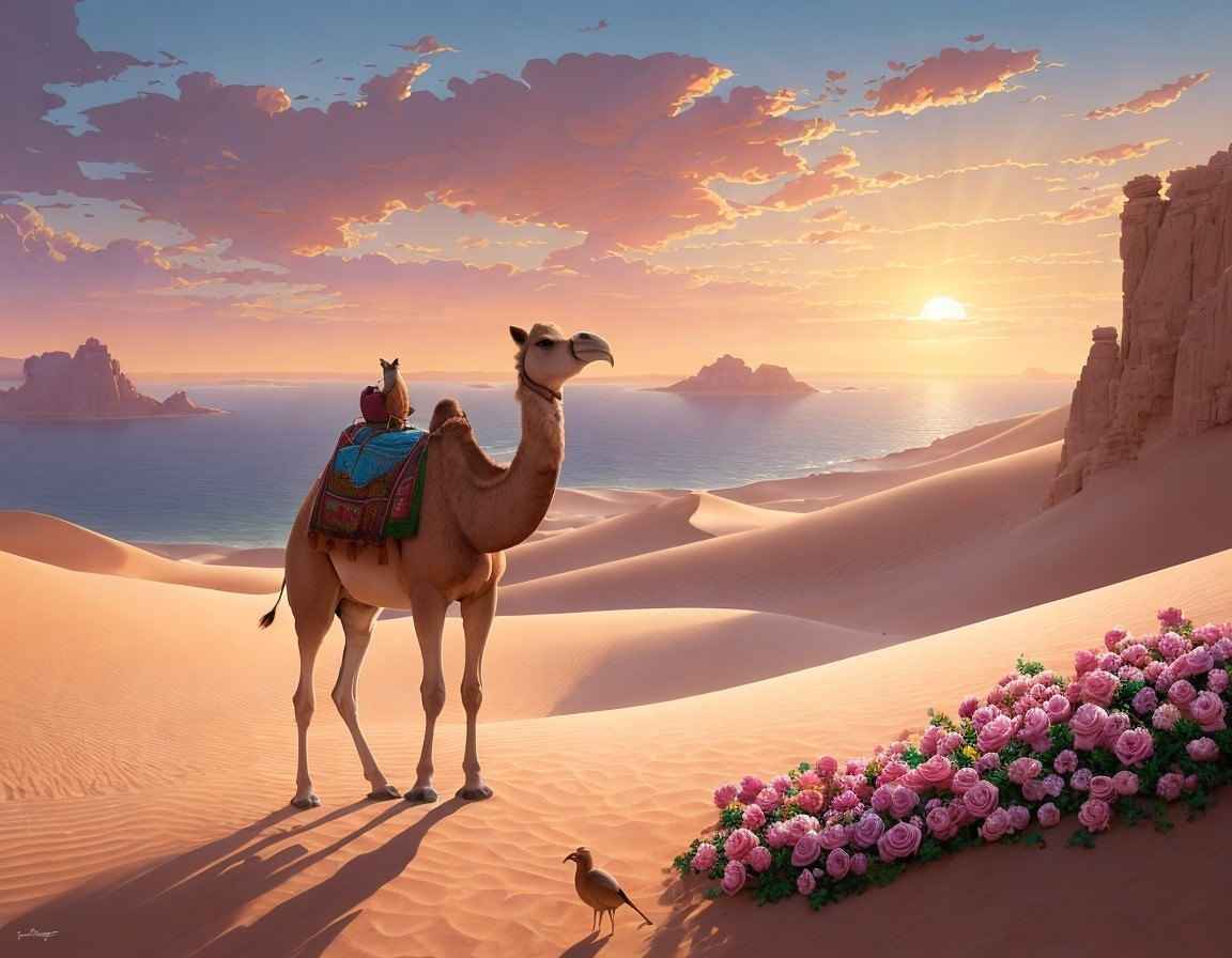 Desert Scene with Camel, Sunset, and Colorful Roses
