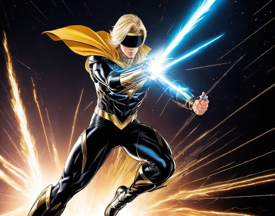 Hero in Black and Gold Suit with Glowing Weapon
