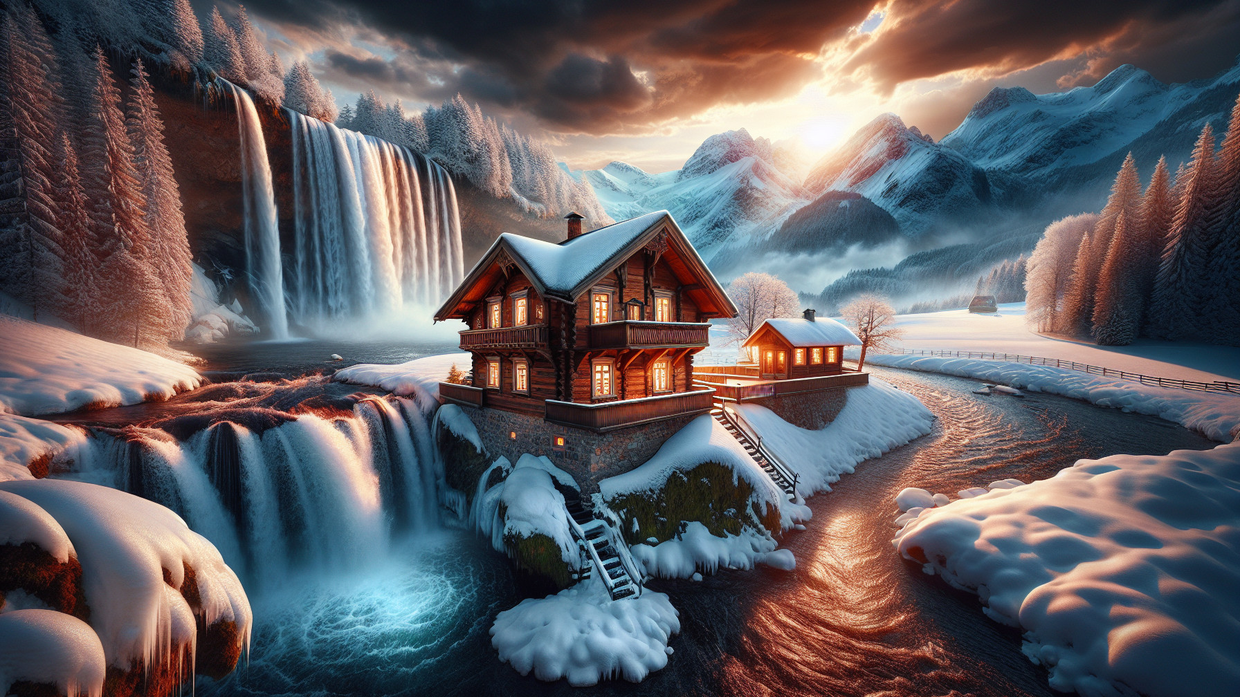 Cozy Cabin by Waterfall in Winter Landscape
