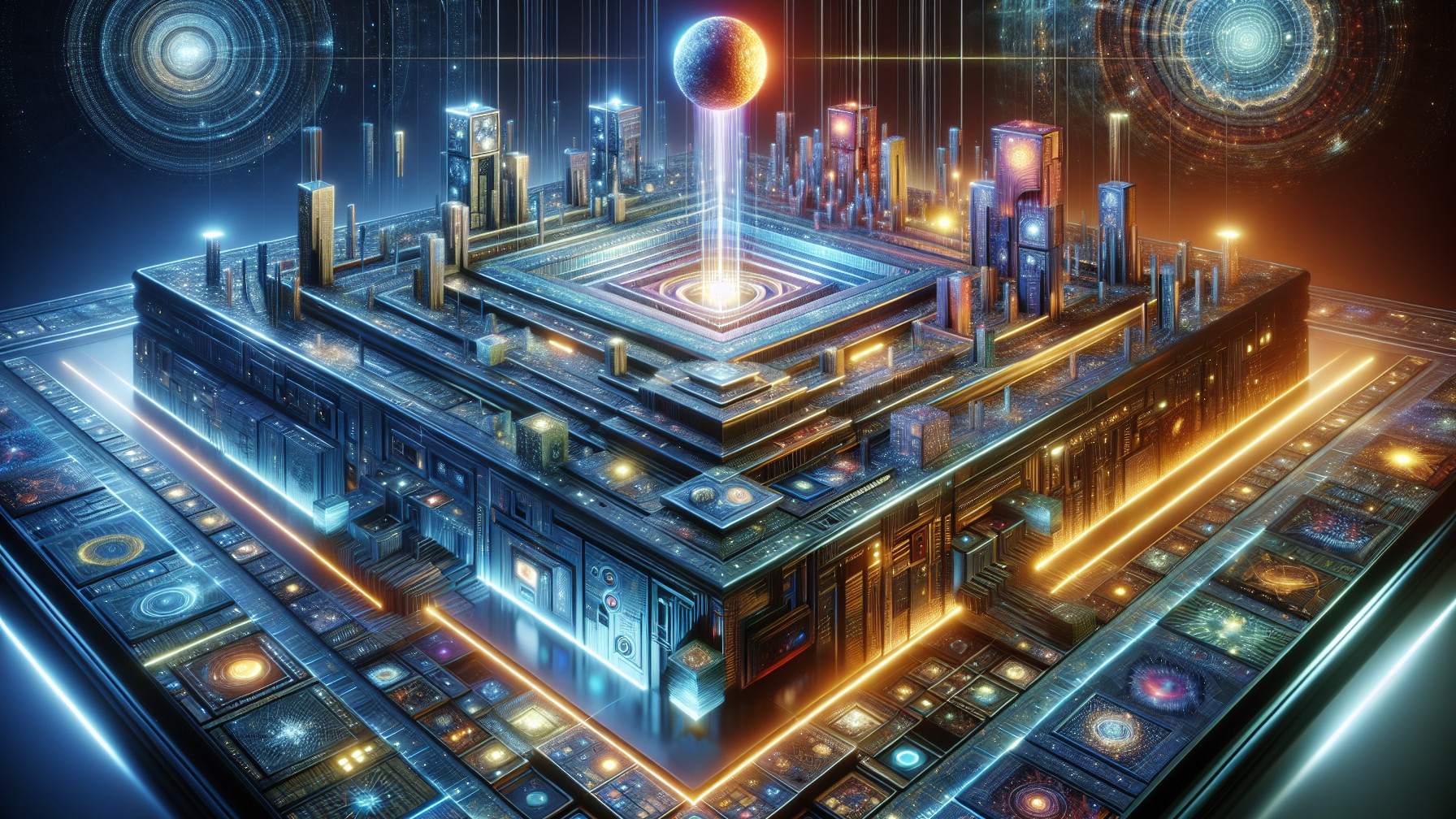 Futuristic Cityscape in Cosmic Setting with Energy Source
