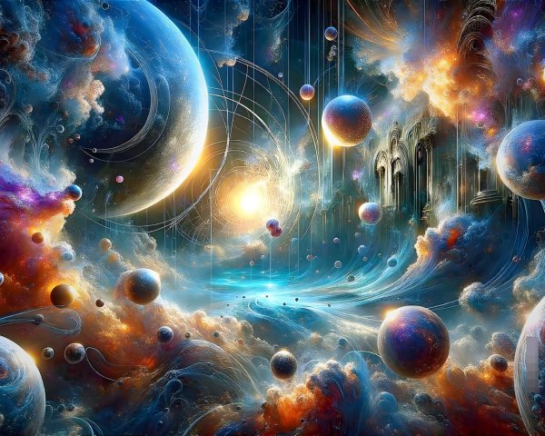 Vibrant Cosmic Scene with Galaxies and Planets