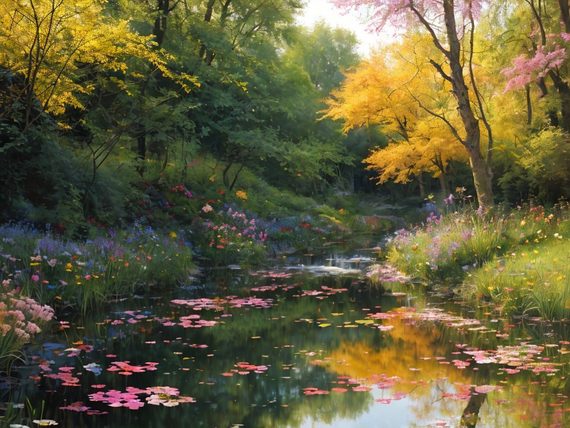 Serene Landscape with Stream and Autumn Foliage