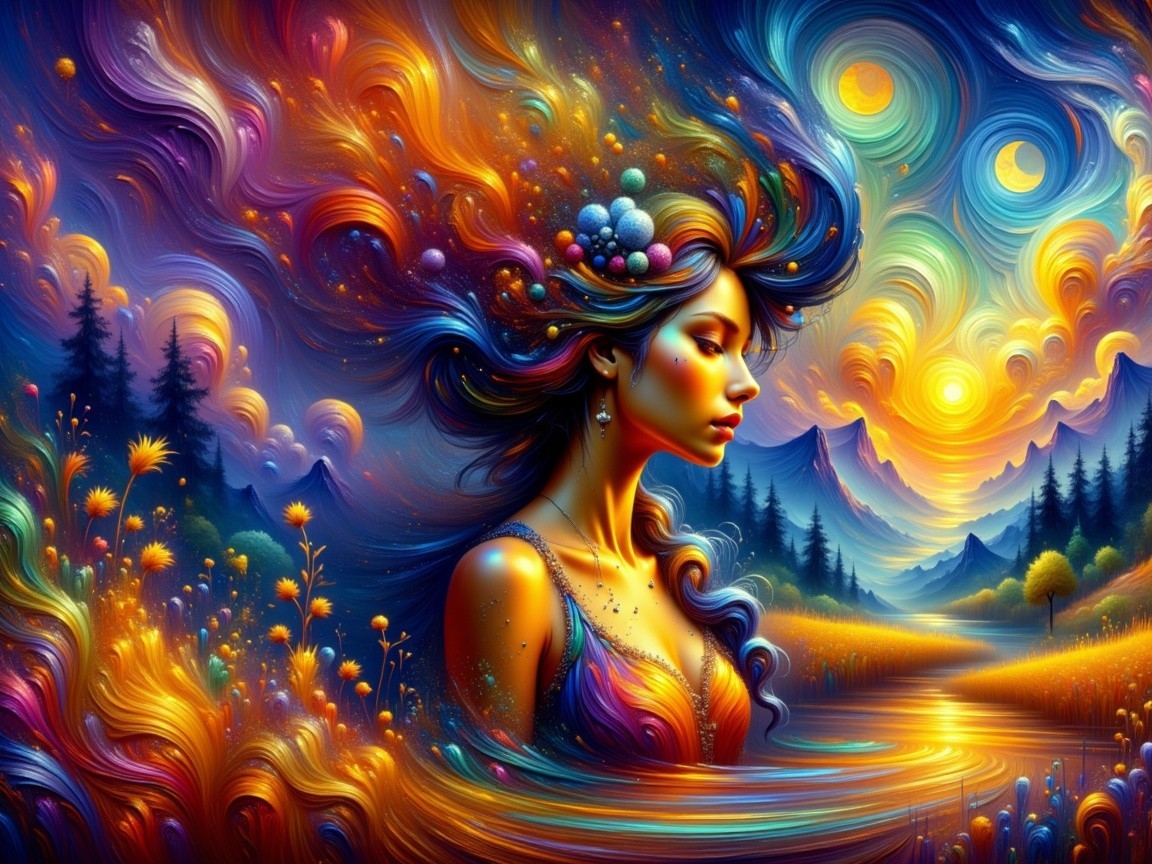 Surreal Image of Woman with Colorful Hair and Orbs