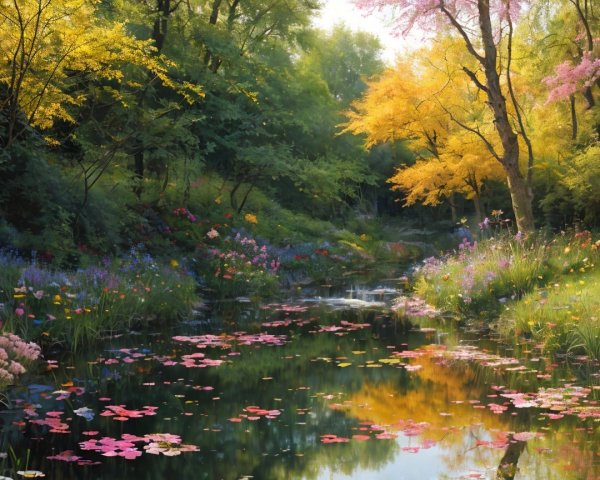 Serene Landscape with Stream and Autumn Foliage