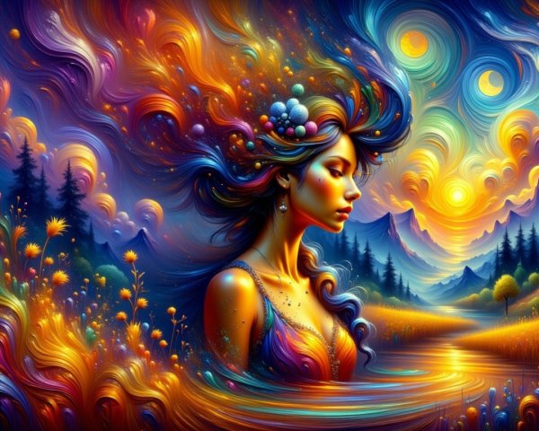 Surreal Image of Woman with Colorful Hair and Orbs