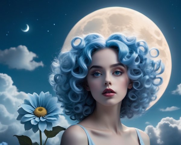 Young woman with pastel blue curls in night sky