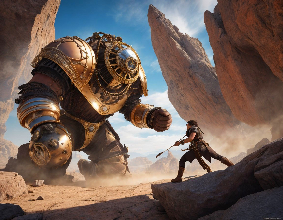 Colossal Golden Automaton Faces Determined Warrior