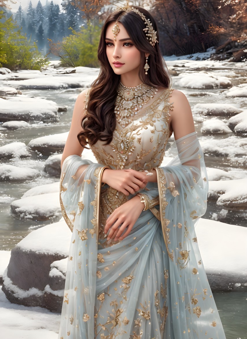 Elegant Woman by Serene Snowy River in Blue Attire