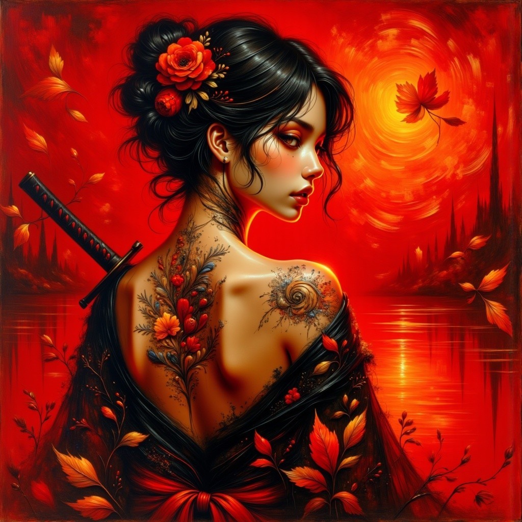 Woman with Updo and Tattoos Against Red Background