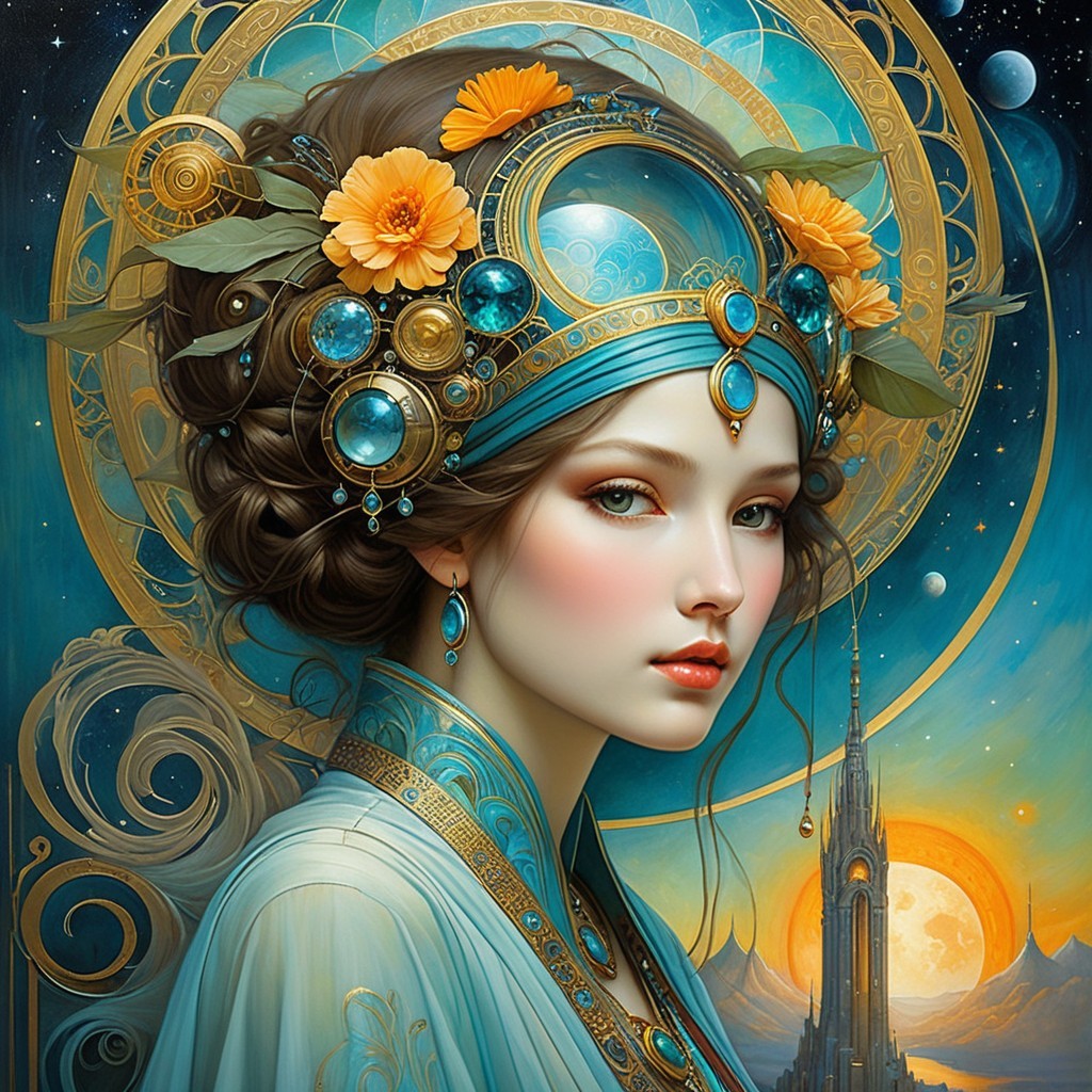 Majestic Woman in Jewelry Against Cosmic Backdrop