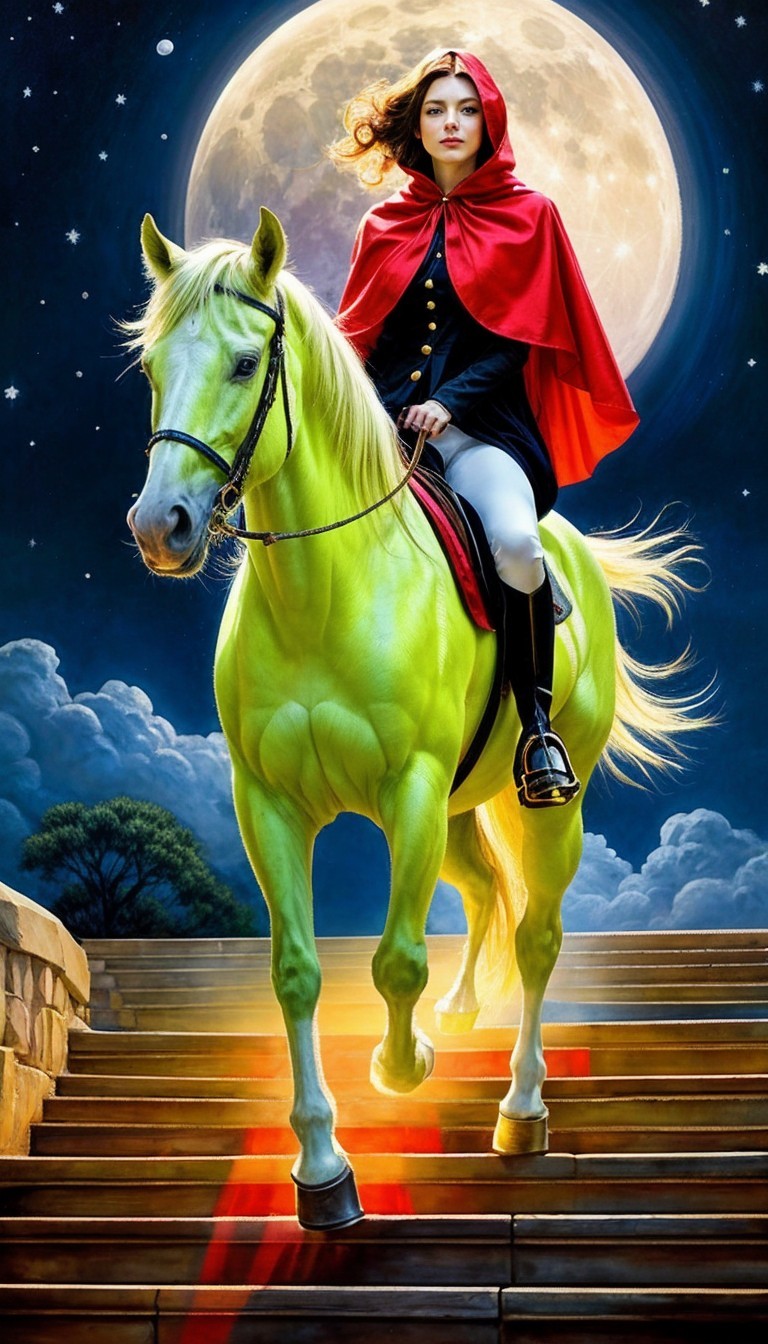 Woman in red cape on green horse under full moon