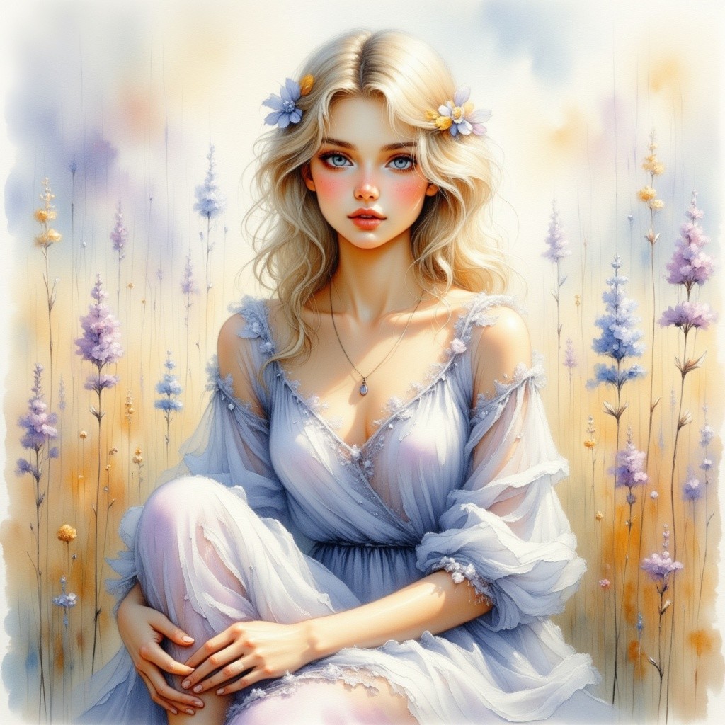 Serene Young Woman in Ethereal Dress Among Flowers