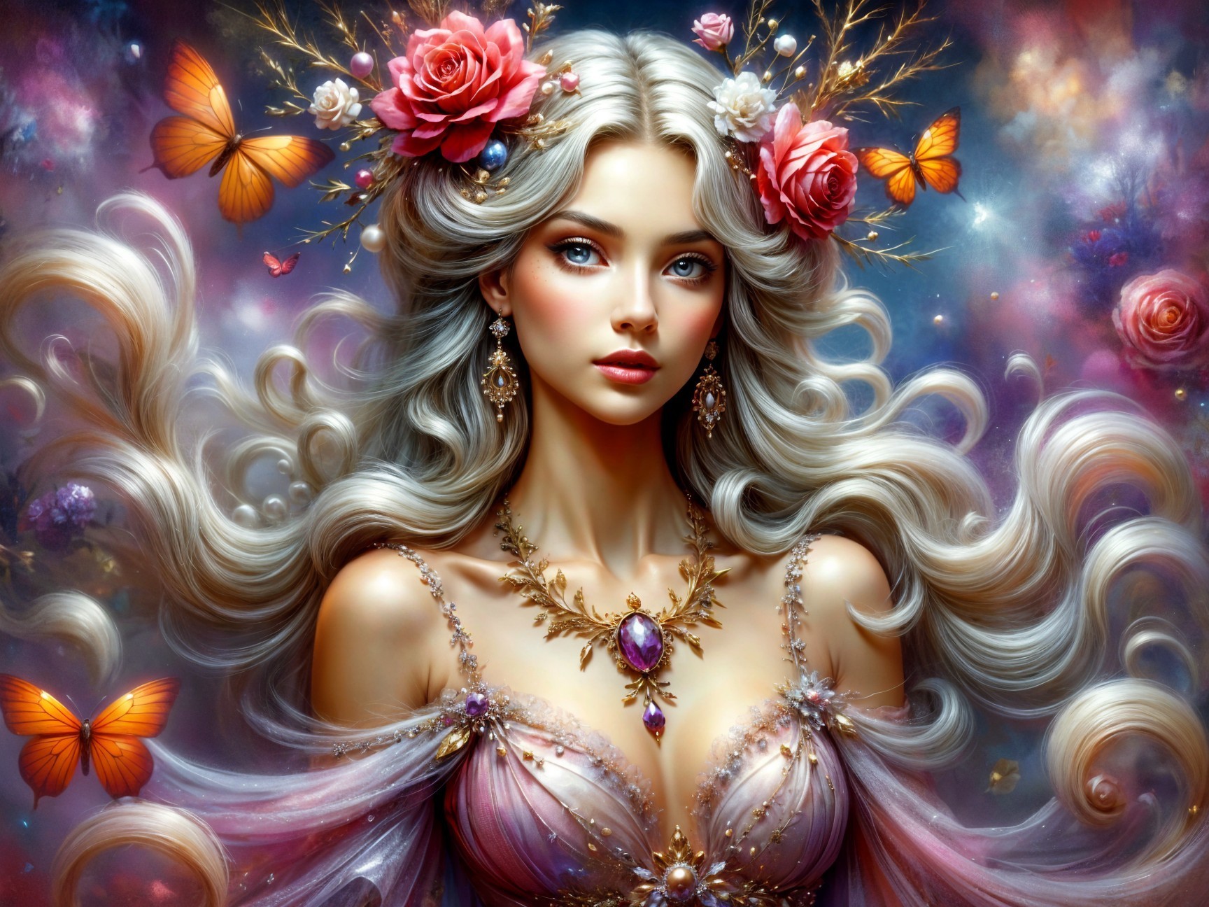 Elegant Woman with Silver Hair and Floral Background