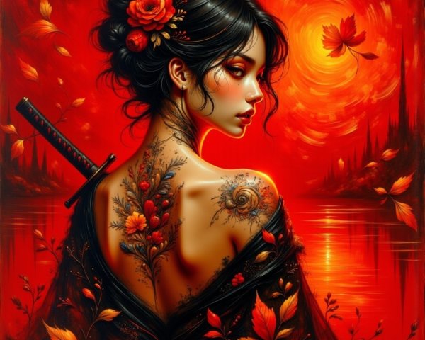 Woman with Updo and Tattoos Against Red Background