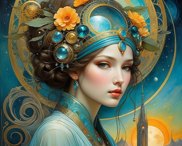 Majestic Woman in Jewelry Against Cosmic Backdrop