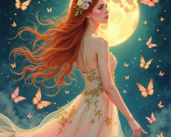 Woman in flowing gown under a luminous full moon