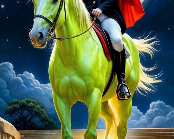 Woman in red cape on green horse under full moon