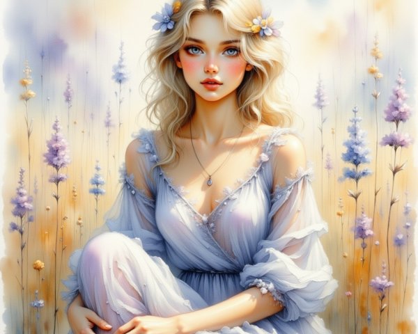 Serene Young Woman in Ethereal Dress Among Flowers