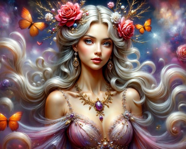 Elegant Woman with Silver Hair and Floral Background