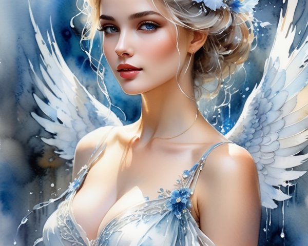 Ethereal figure with blonde hair and feathered wings