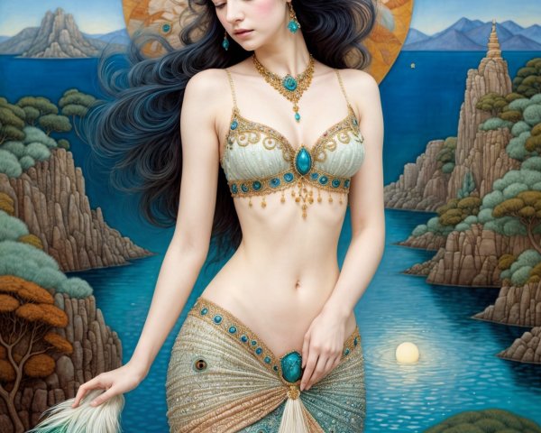 Elegant Woman in Peacock Motifs by Serene Water