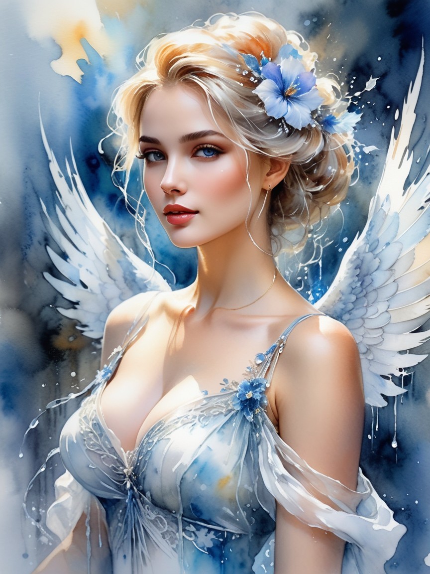 Ethereal figure with blonde hair and feathered wings